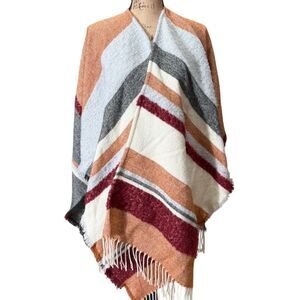 Ana Women's Striped Poncho Gray & Orange Fringe One Size